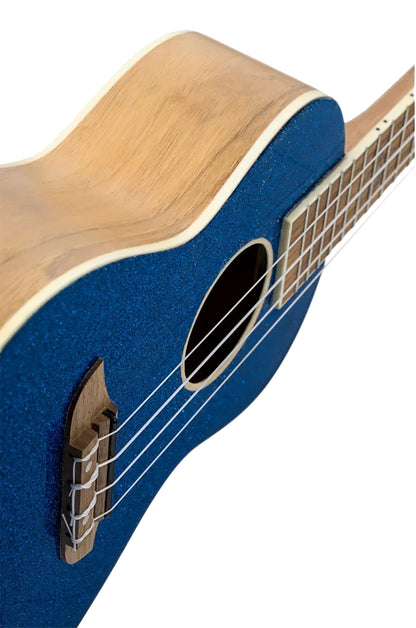 RUEL-MBL, modèle Concert, table épicéa, fond & éclisses catalpa, manche acajou, housse luxe, bleu métallisé brillant