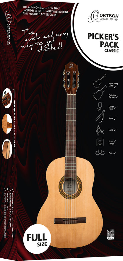 Ortega Picker Pack : guitare 4/4 avec table épicéa, housse, support, accordeur, sangle, jeu de cordes et médiators, naturel