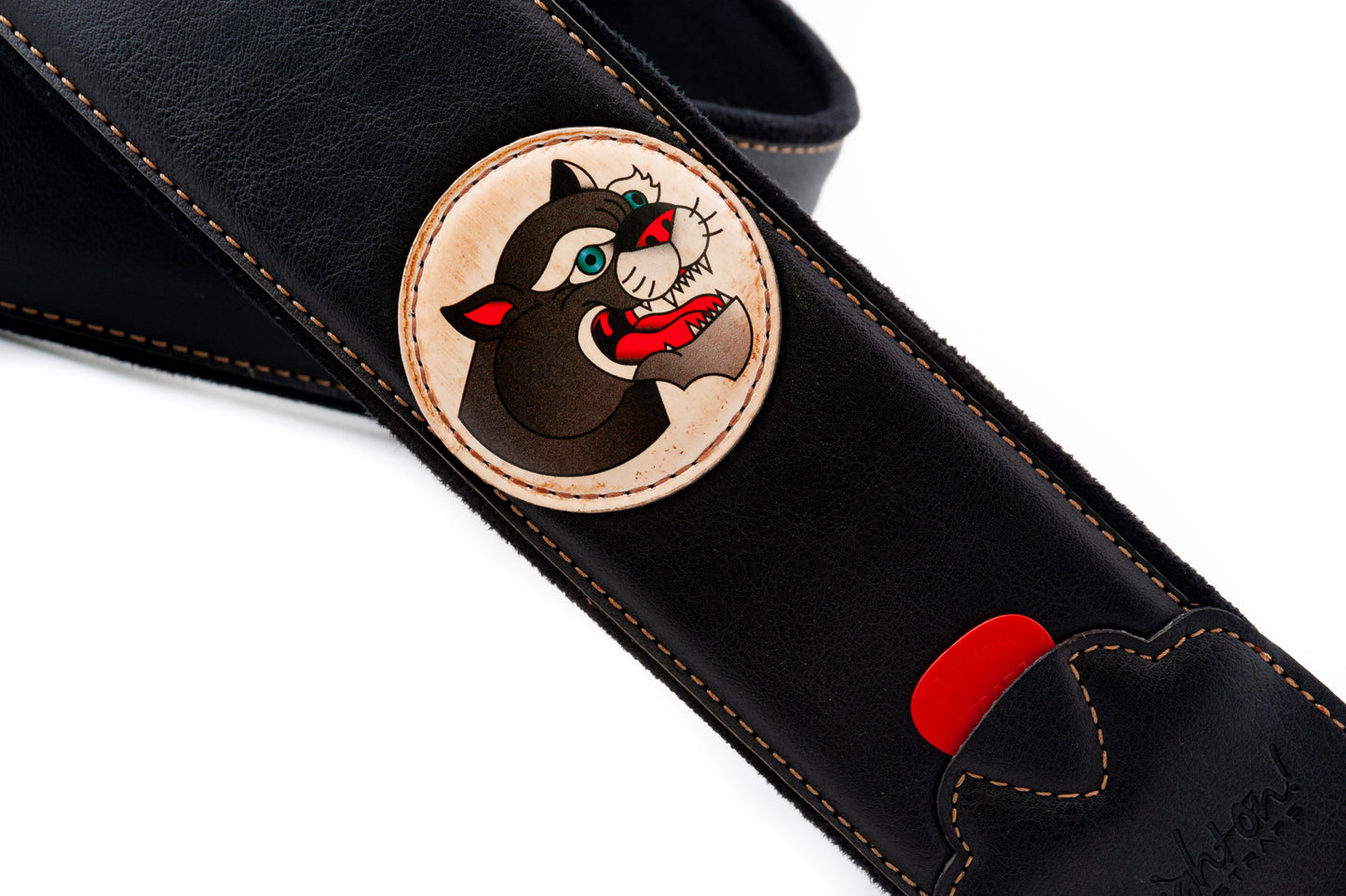 Courroie modèle TATOO PANTHER, extérieur synthétique, largeur 7 cm, longueur 98 à 153 cm, porte-médiators intégré, noir