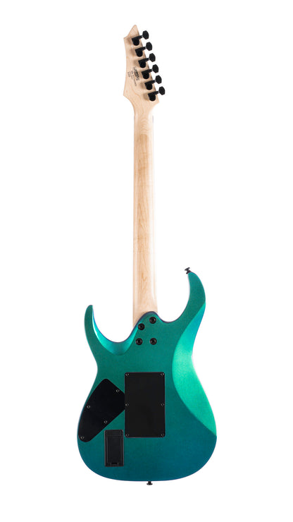 X300, corps tilleul, manche érable, touche palissandre, vibrato Floyd Rose, 2 micros EMG RetroActive Hot70, flip blue