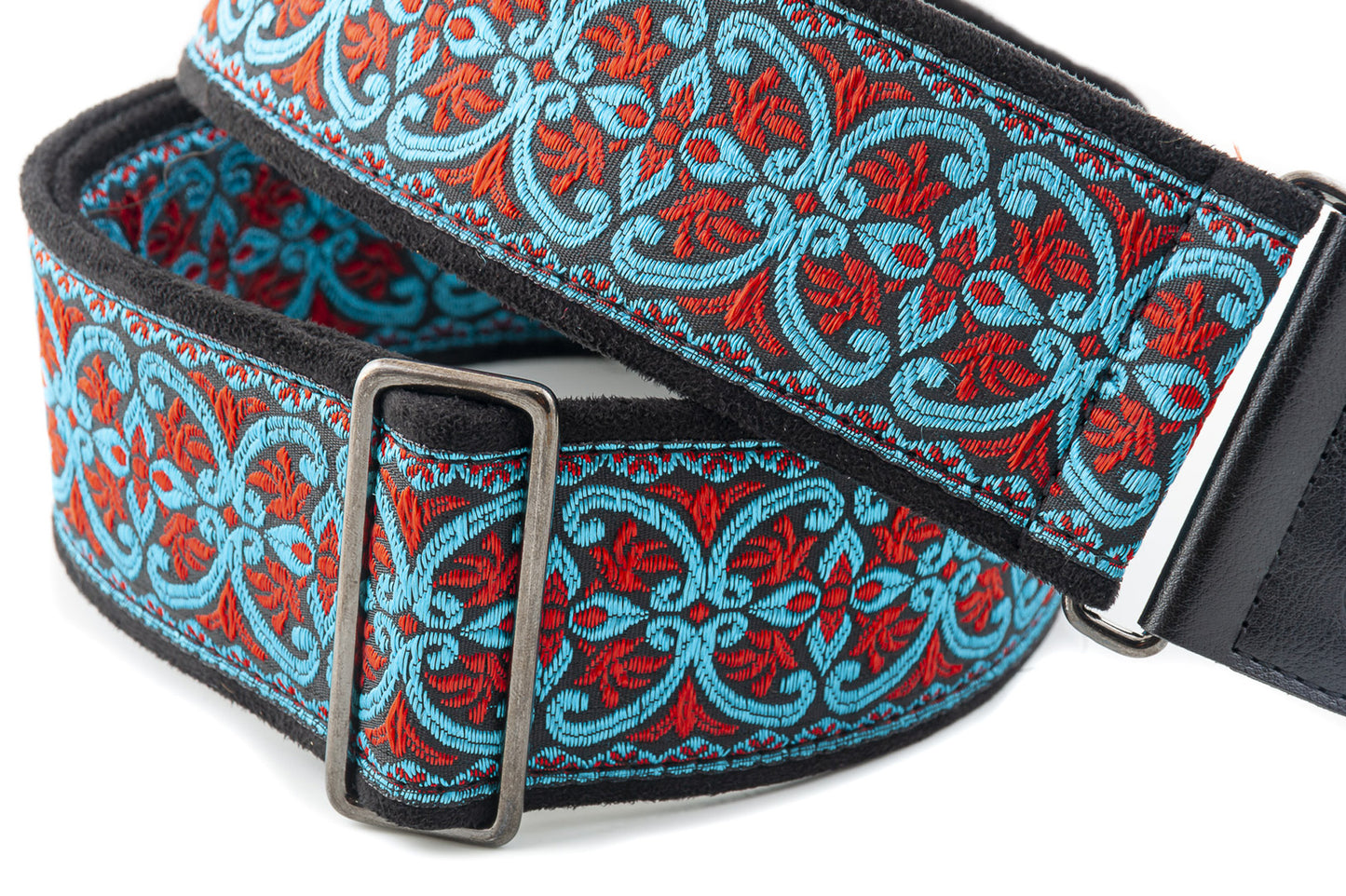 Courroie modèle FILLMORE II, tissu Jacquard, largeur 6 cm, longueur 90 à 150 cm, porte-médiators intégré, bleu