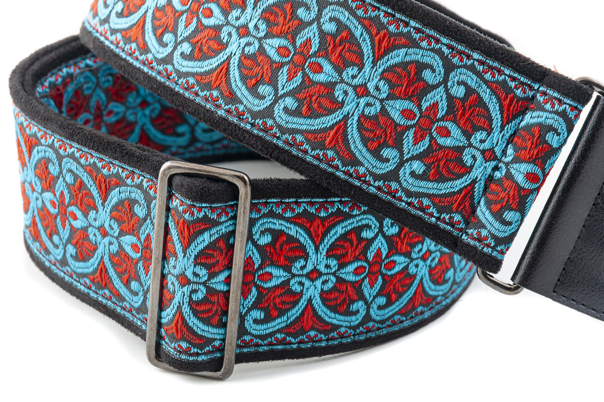 Courroie modèle FILLMORE II, tissu Jacquard, largeur 6 cm, longueur 90 à 150 cm, porte-médiators intégré, bleu