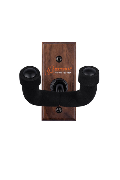 Support mural pour guitare et basse, embase bois, fixation par 2 vis, étrier (largeur: 4.5 cm) recouvert de mousse, noyer