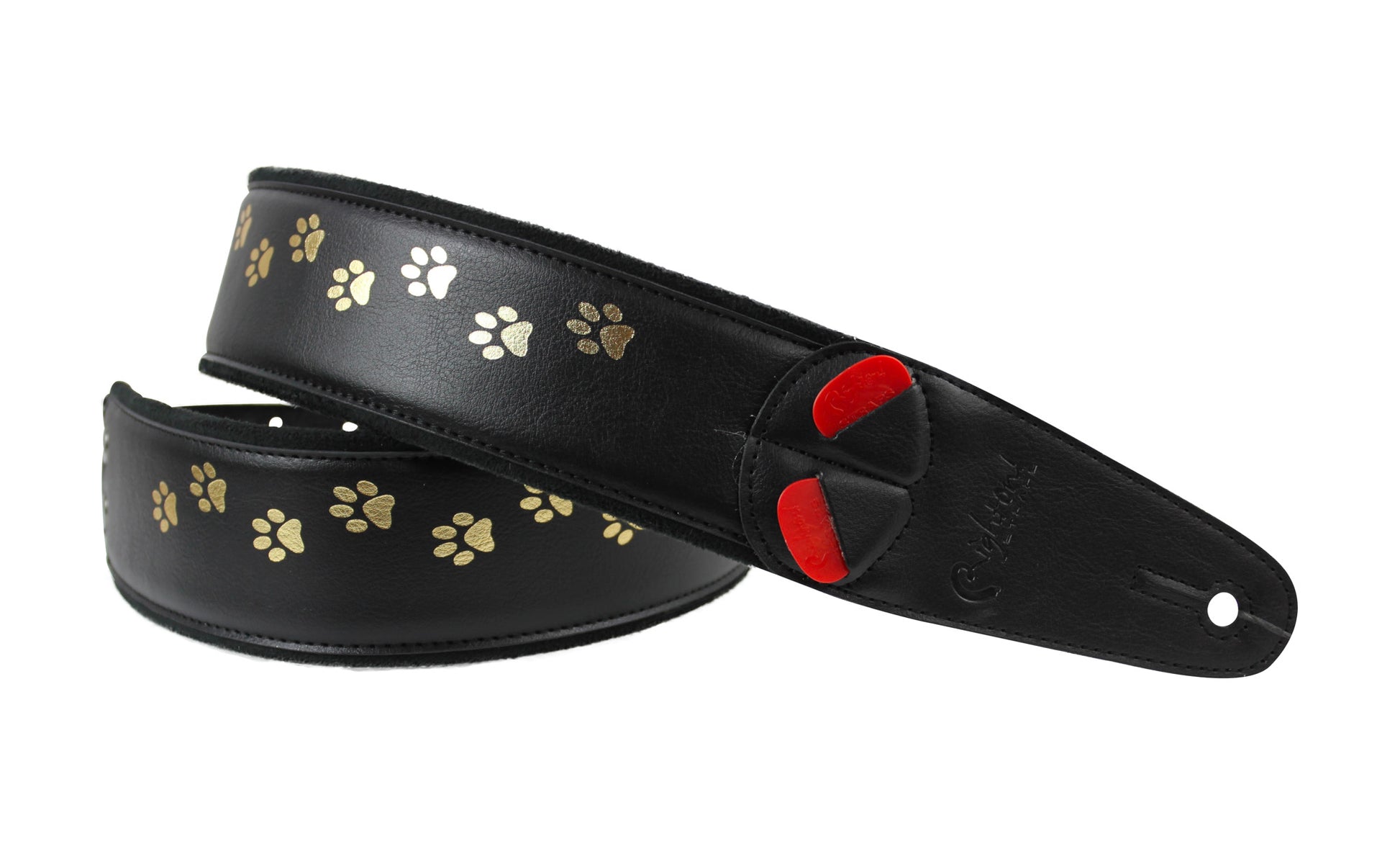 Courroie modèle CAT, extérieur synthétique, largeur 6 cm, longueur 100 à 145 cm, porte-médiators intégré, noir et doré