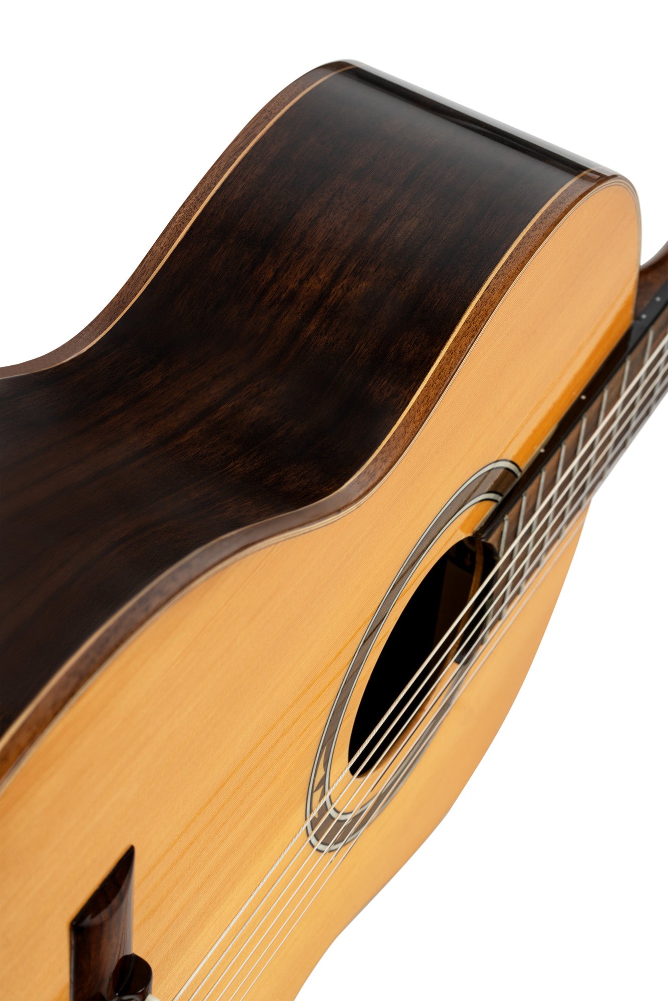 R159, table cèdre massif, fond & éclisses noyer, manche acajou, sillet 52 mm, touche & chevalet amarante, housse, naturel