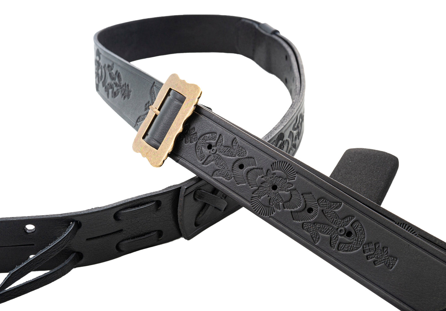 Courroie modèle LEGEND BM BOHEMIAN, cuir haute qualité, largeur 4 cm, longueur 96 à 145 cm, porte bottleneck intégré, noir