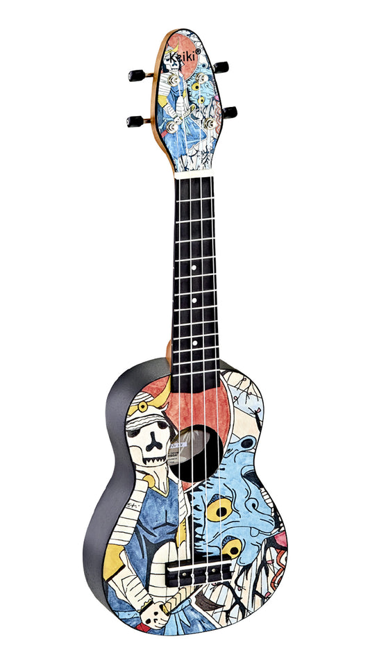 K2-SR, pack ukulélé Soprano, table agathis design"Samourai", corps ABS légèrement galbé, manche okoumé, 12 frettes, accessoires