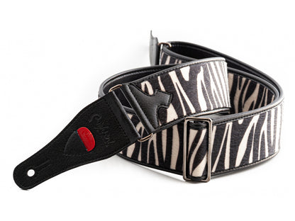 Courroie modèle ZEBRA, synthétique, rembourrée, largeur 6 cm, longueur 95 à 150 cm, porte-médiators intégré, zèbre