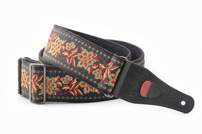 Courroie modèle ROSES II, tissu Jacquard, largeur 6 cm, longueur 90 à 150 cm, porte-médiators intégré, noir