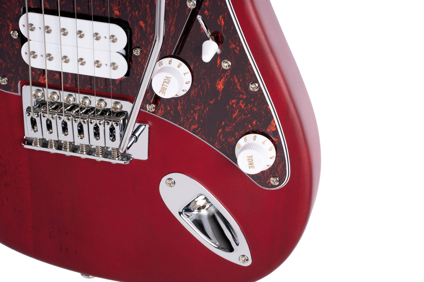 G110, corps peuplier, manche érable, touche jatoba, 3 micros Powersound (S/S/H), plaque tortoise, rouge pores ouverts