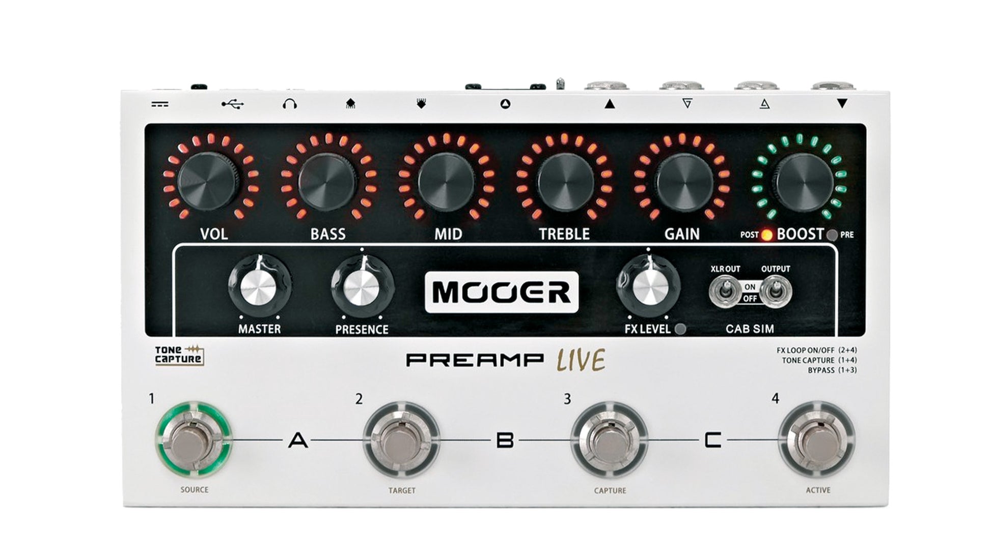 Pédalier préampli numérique PREAMP LIVE, 12 canaux préamplis indépendants (3 banques), 50 modèles d'amplificateur, blanc