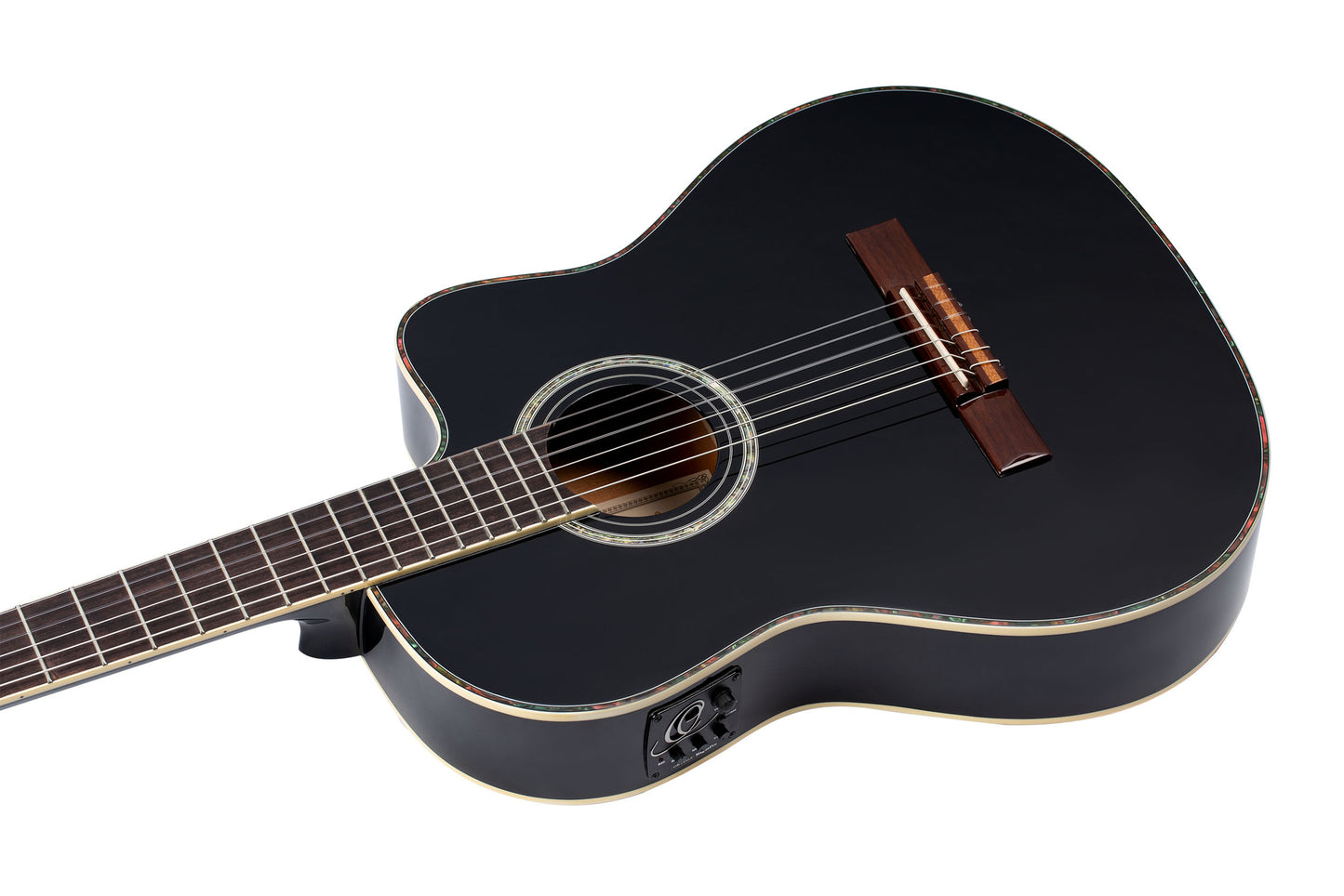 RCE145, modèle à caisse fine, pan coupé, EQ MagusPro, table épicéa massif, manche acajou (sillet 48 mm), noir brillant