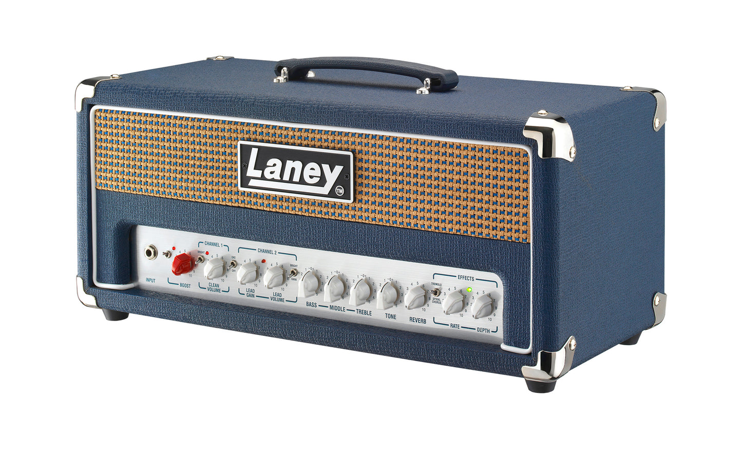 Tête guitare électrique 120W, 2 canaux, EQ 3 bandes, réverb, tremolo, chorus, boucle d'effet, 7 kg, bleu