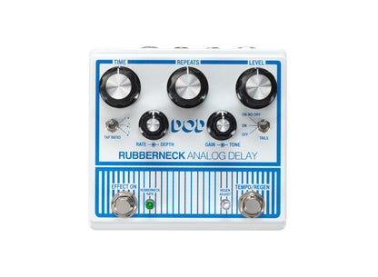 Pédale RUBBERNECK, délai analogique, jusqu'à 1500 ms de retard, fonction Tap Tempo, modulation du temps de délai, blanc et bleu