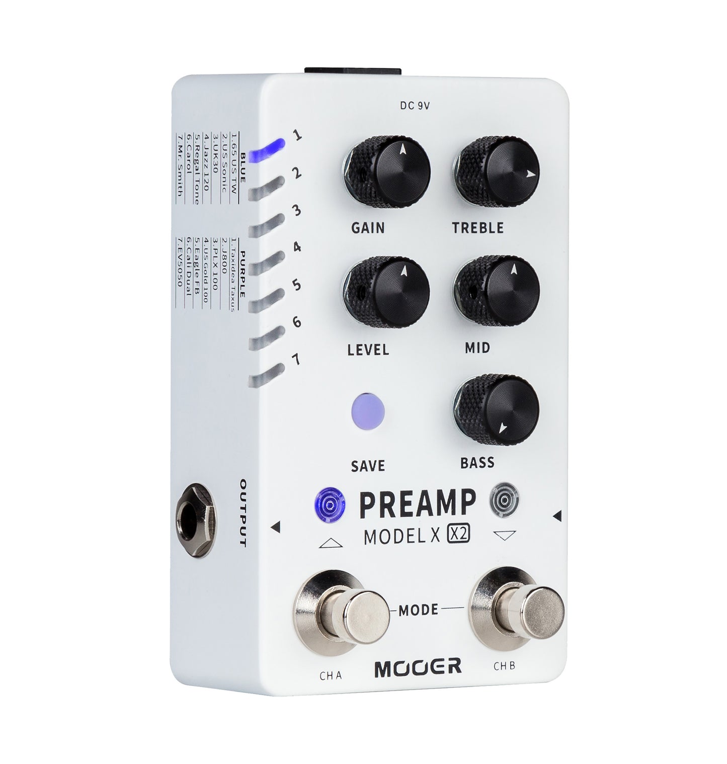 Pédale PREAMP MODEL X X2, préamplificateur numérique deux canaux, 14 presets, technologie d'échantillonnage MNRS, blanc