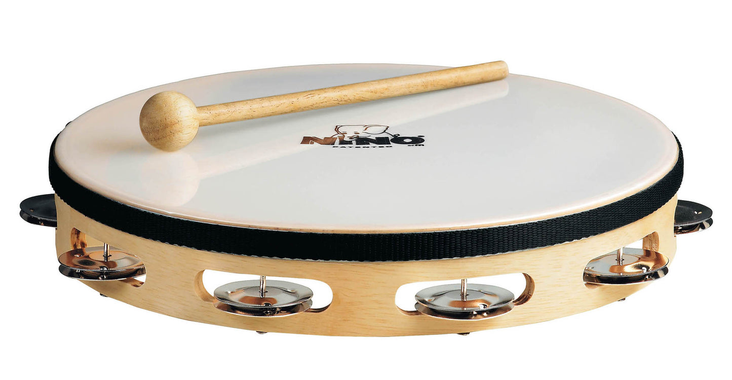 Tambourin bois 10" avec peau synthétique, 1 rangée de cymbalettes, naturel
