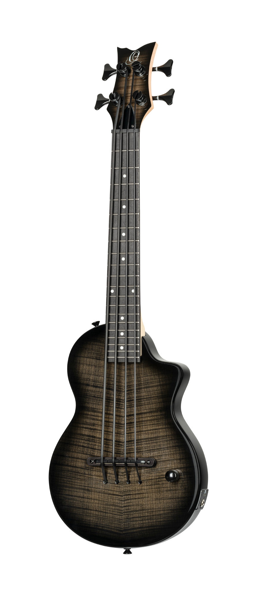 NEO-BS-TGB, modèle Ukebass, pan coupé, EQ MagusExpress, table érable flammé, corps okoumé, manche érable, housse, gris