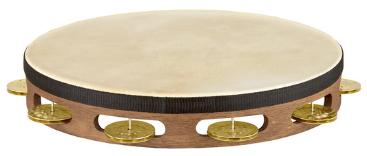 Tambourin bois avec peau de chèvre sélectionnée à la main, 1 rangée de cymbalettes martelées en laiton, Walnut Brown