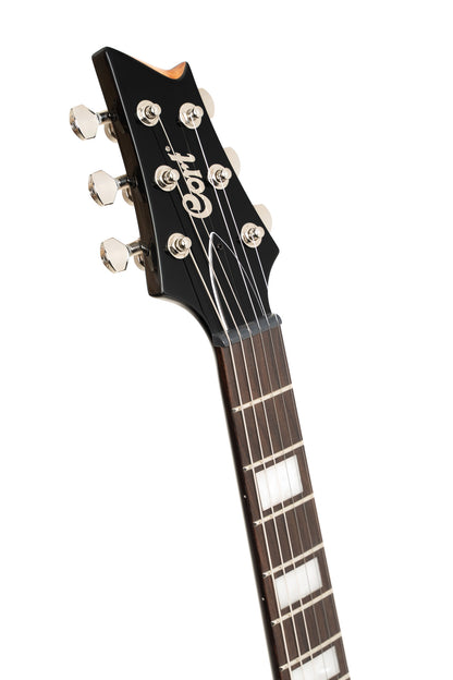 M600, corps acajou, placage érable flammé, manche collé acajou, 2 micros doubles Cort Voiced Tone VTH-59, blue burst