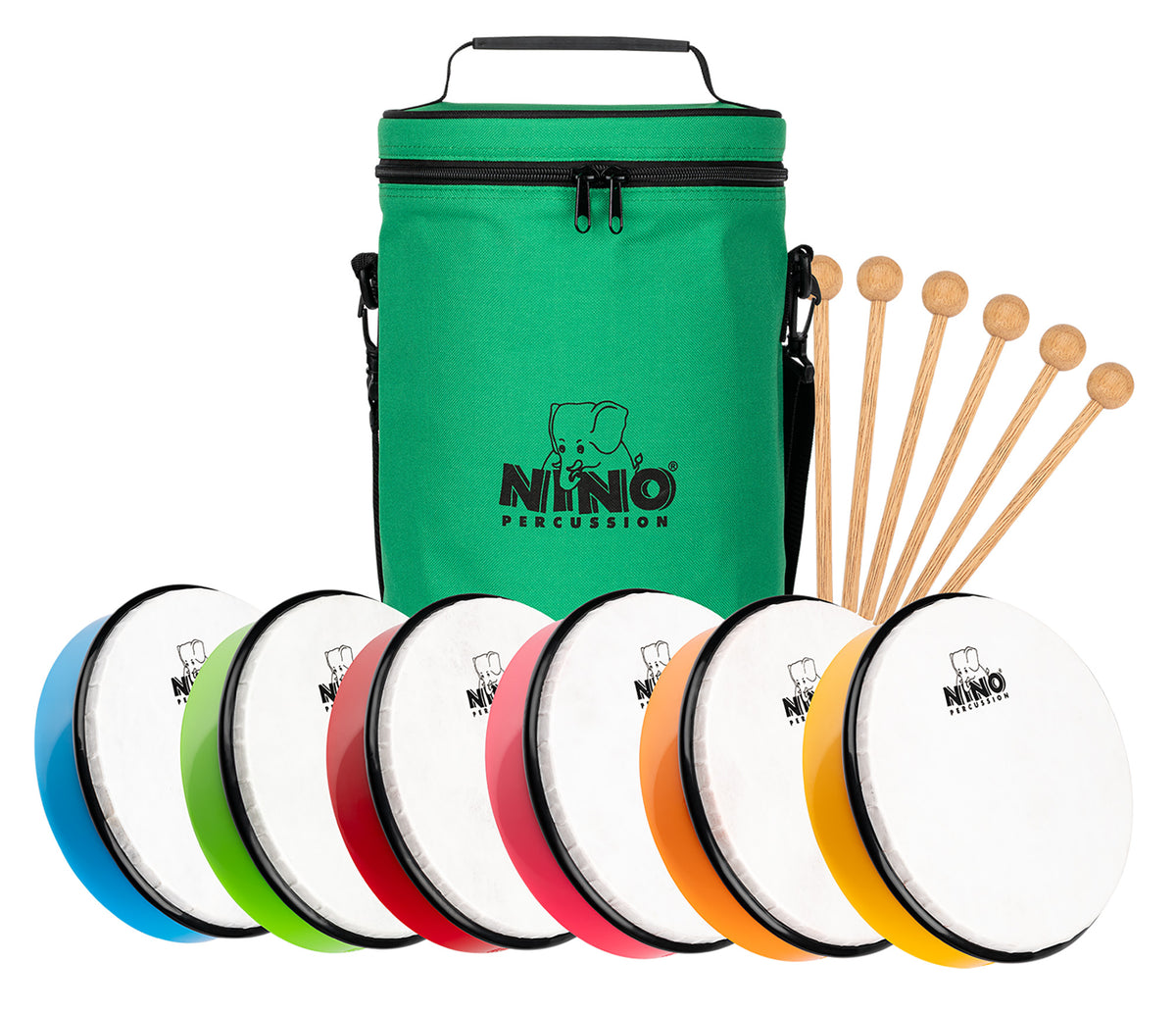 SET 6 TAMBOURINS A PEAU 8" NINO AVEC HOUSSE ET MAILLOCHES