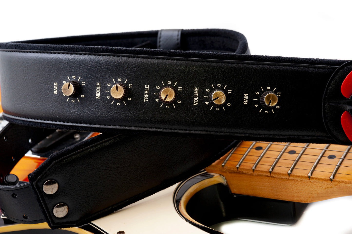 Courroie modèle SPINALTAP, extérieur synthétique, largeur 6 cm, longueur 100 à 145 cm, porte-médiators intégré, noir