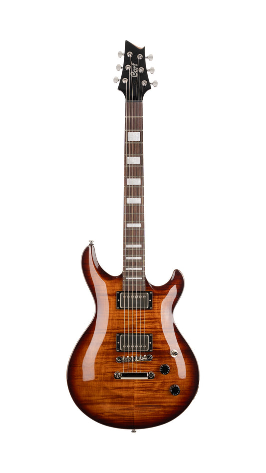 M600, corps acajou, placage érable flammé, manche collé acajou, 2 micros doubles Cort Voiced Tone VTH-59, tobacco sunburst