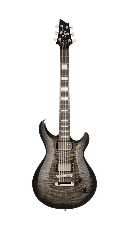 M600, corps acajou, placage érable flammé, manche collé acajou, 2 micros doubles Cort Voiced Tone VTH-59, trans black burst