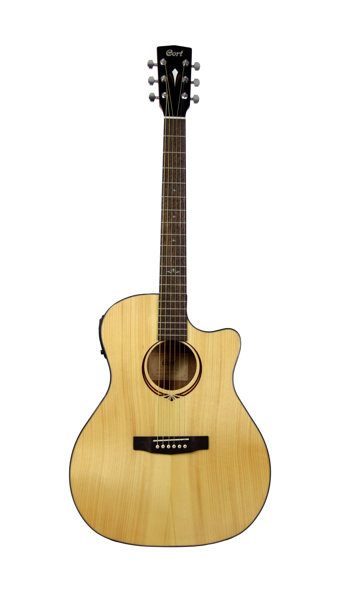 GA-MEDX, table épicéa massif, f/e acajou, manche acajou, touche & chevalet merbau, EQ Cort CE306T, naturel brillant