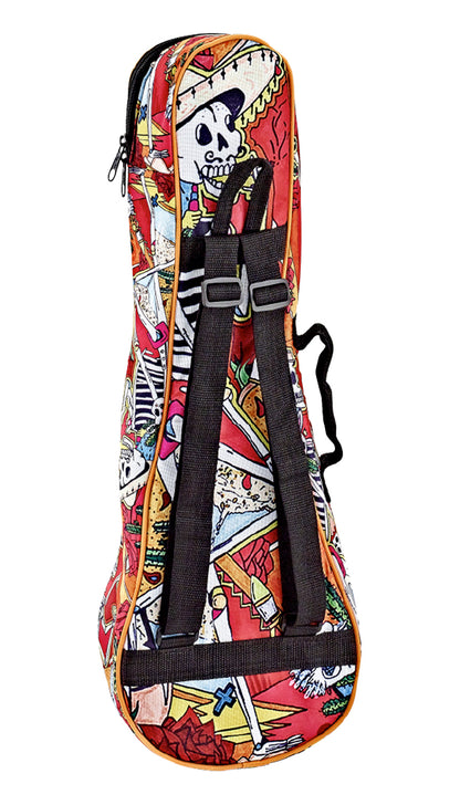 Housse Ukulélé Soprano, design"El Muerto", nylon doux et solide, rembourrage 10 mm, courroies ajustables, poche accessoires