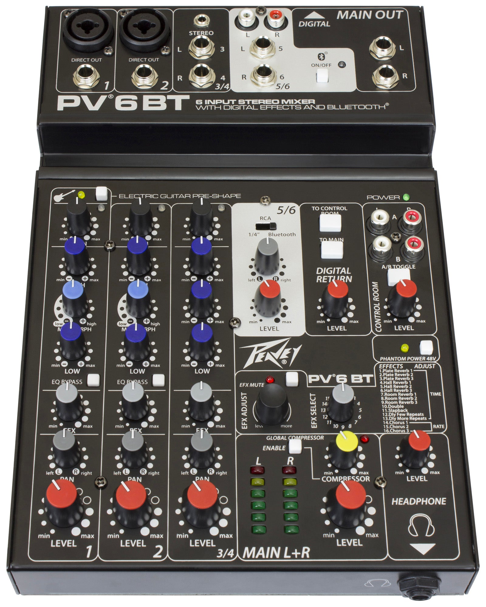 Table de mixage 6 canaux, 2 préamplis micro XLR/Jack, EQ 3 bandes, Bluetooth, effets numériques, entrée guitare Hi-Z, noir