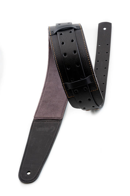 Courroie modèle BACKBEAT LIBERTY, extérieur cuir, largeur 6 cm, longueur 95 à 150 cm, porte-médiators intégré, noir