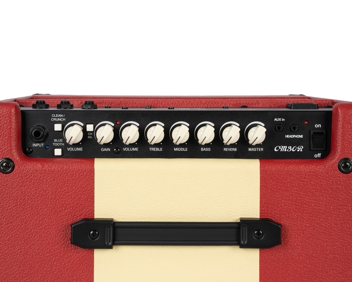 Ampli guitare 30W, 1x 10", 2 canaux, égaliseur 3 bandes, réverb, entrée Bluetooth, entrée CD/MP3 mini-Jack, rouge