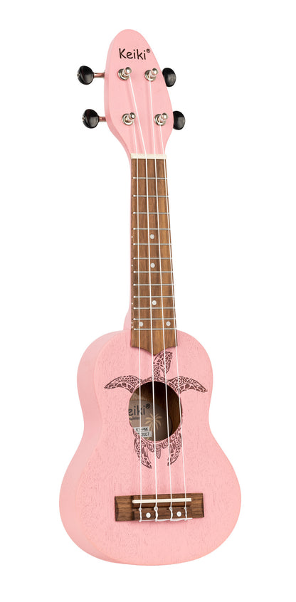K1-PNK, ukulélé Sopranino, table okoumé avec motif tortue, fond & éclisses okoumé, manche okoumé, rose pores ouverts