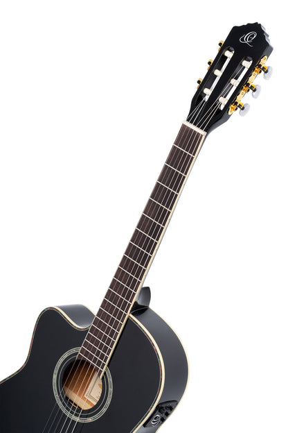 RCE145L, modèle gaucher à caisse fine, pan coupé, EQ MagusPro, table épicéa massif, manche acajou (sillet 48 mm), noir brillant