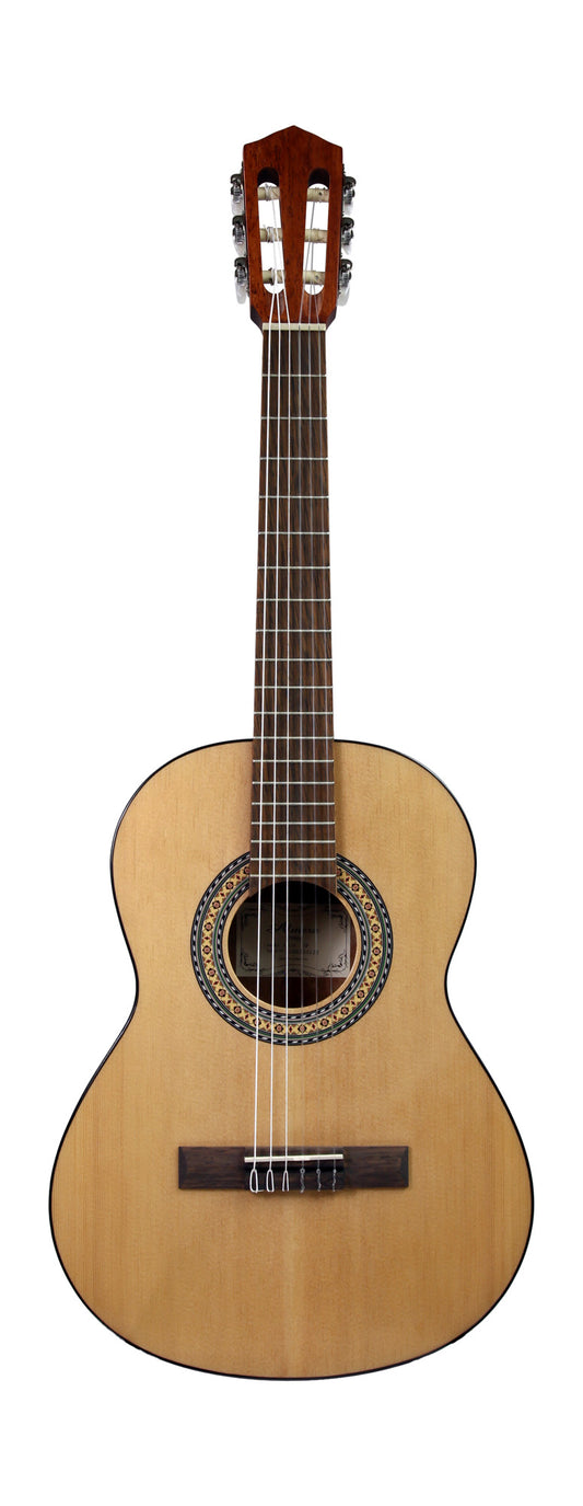 Guitare classique 3/4, table épicéa, fond & éclisses acajou, manche acajou, sillet 45 mm, cordes Bosset, naturel pores ouverts