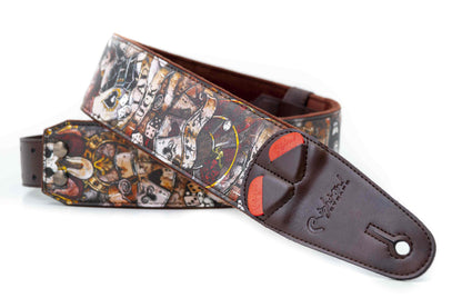 Courroie modèle LADY LUCK, extérieur tissu, largeur 6 cm, longueur 100 à 145 cm, porte-médiators intégré, brun