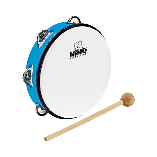 Tambourin Nino 8" cadre en plastique ABS, peau synthétique, cymbalettes nickelées, avec mailloche bois, bleu