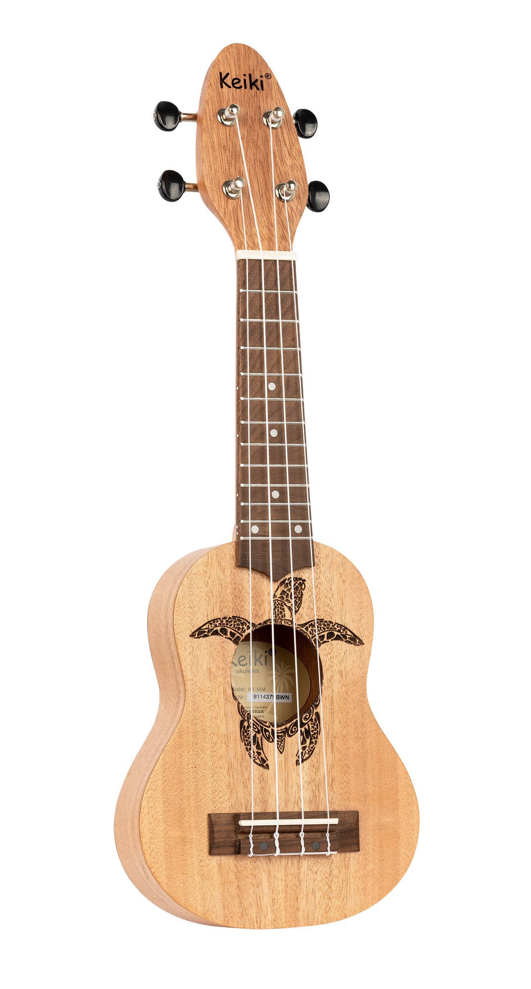 K1-MM, ukulélé Sopranino, table okoumé avec motif tortue, fond & éclisses okoumé, manche okoumé, acajou pores ouverts