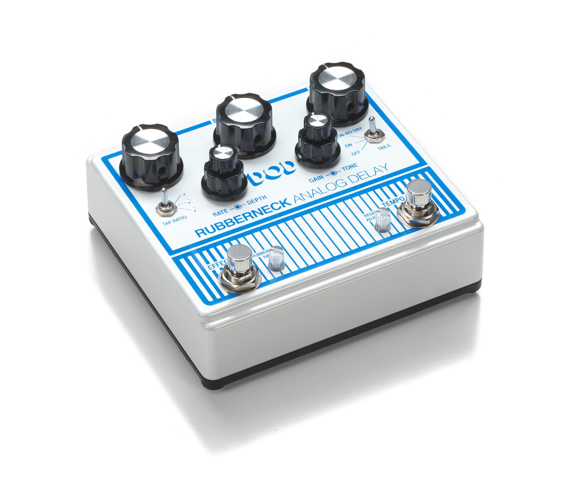 Pédale RUBBERNECK, délai analogique, jusqu'à 1500 ms de retard, fonction Tap Tempo, modulation du temps de délai, blanc et bleu