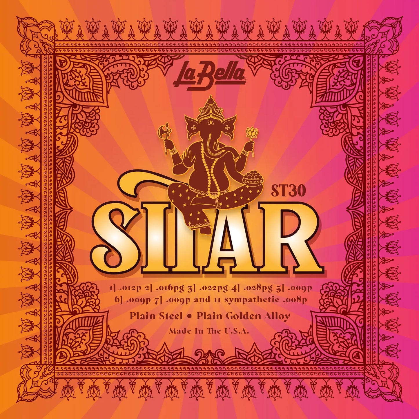 Jeu pour sitar, acier plein & alliage doré plein, 7 cordes jouées et 11 cordes sympathiques (12p-16pg-22pg-28pg-09px3-08px11)