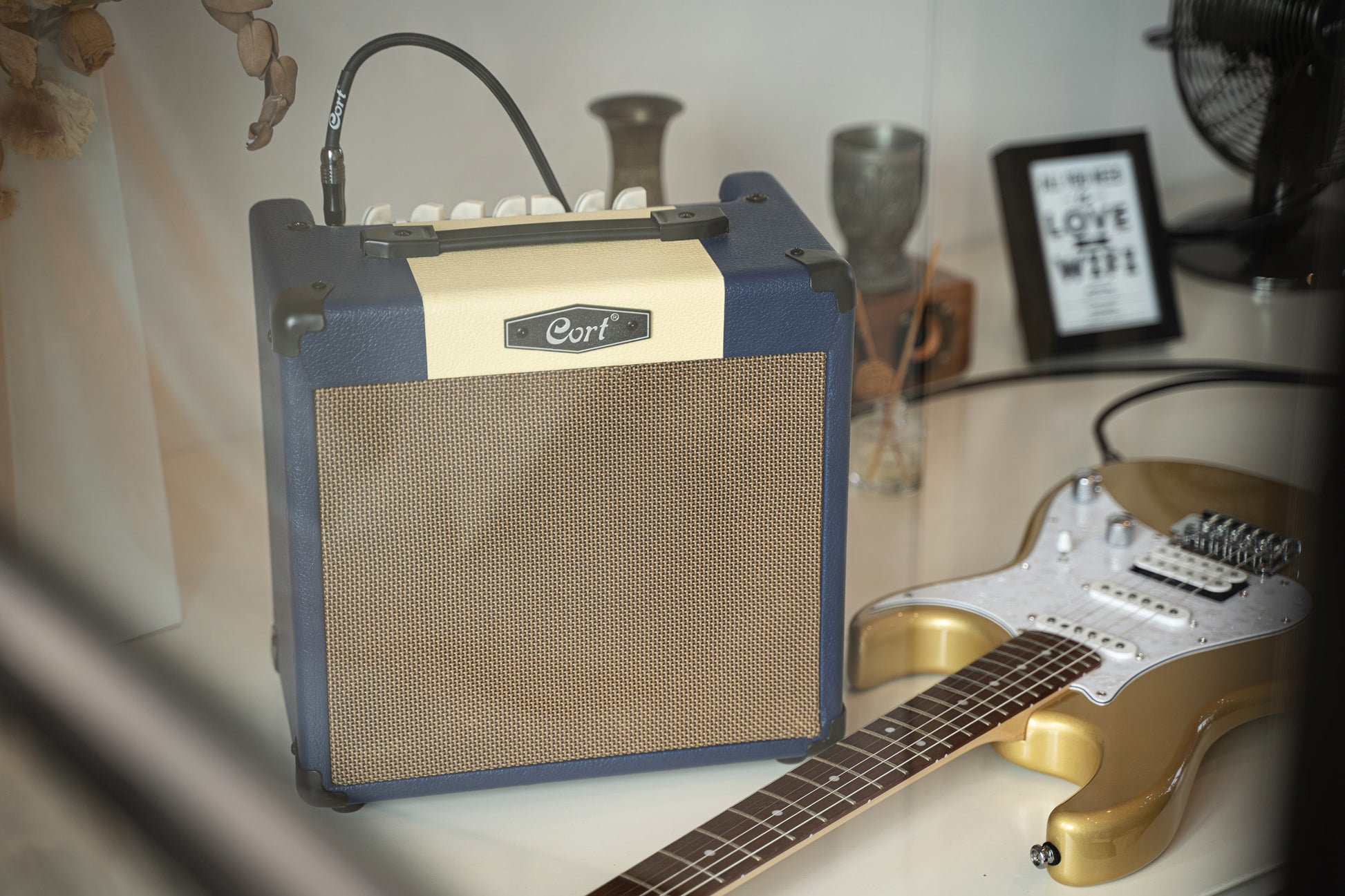 Ampli guitare 15W, 1 x 8", 2 canaux, égaliseur 3 bandes, réverb, entrée CD/MP3 mini-Jack, sortie casque mini-Jack, bleu