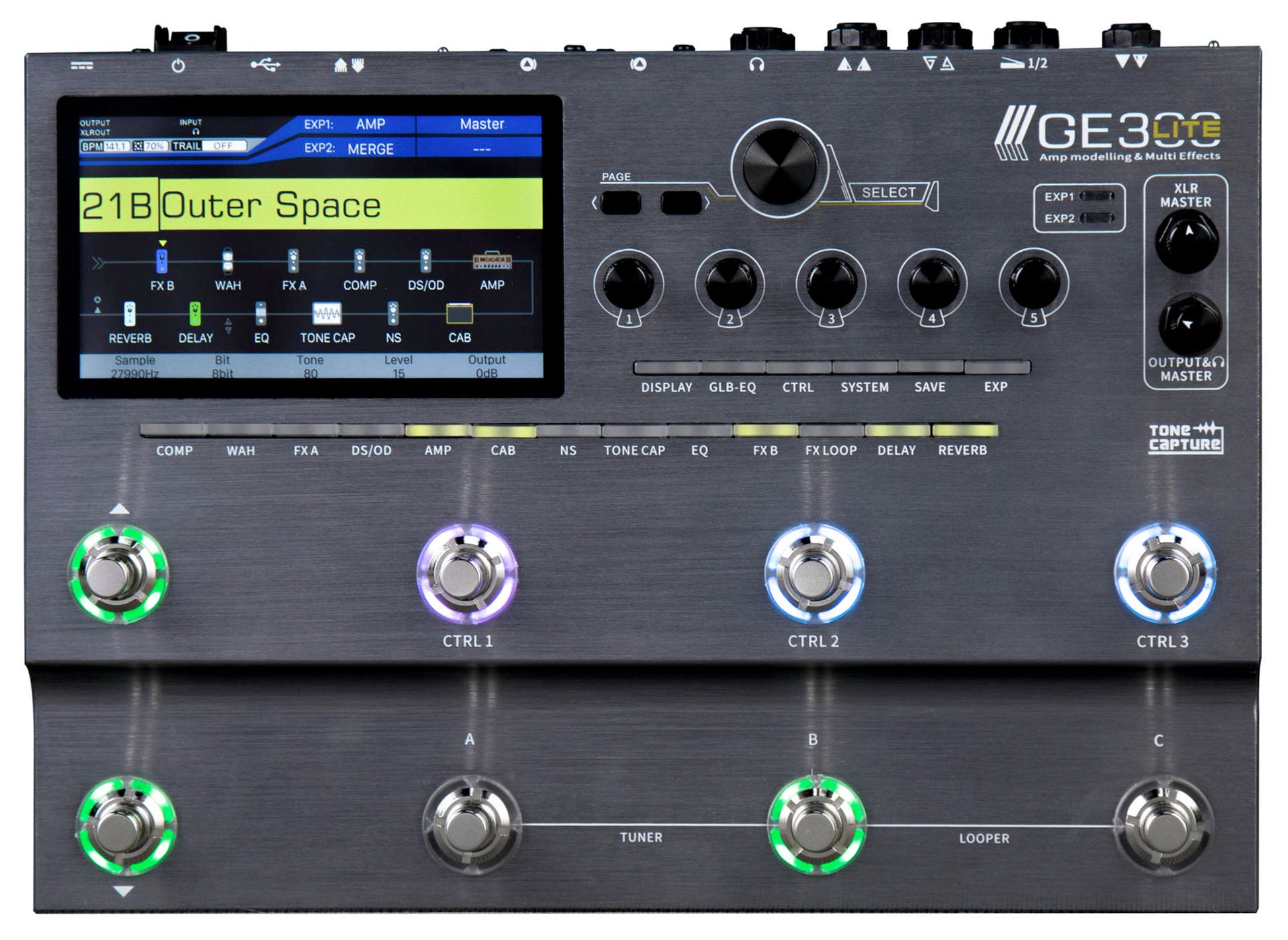 Pédalier multi-effets GE300 Lite, 108 simulations d'amplis, 43 simulations de haut-parleurs (IR), 256 presets utilisateurs, noir