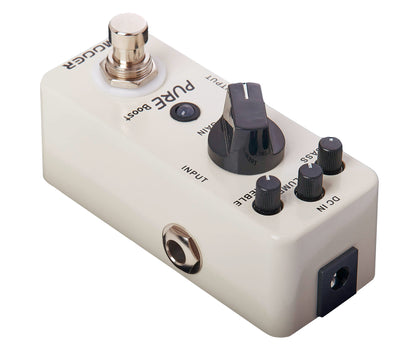 Pédale PURE BOOST, clean boost +20dB avec EQ 2 bandes, boîtier métal, true bypass, blanc