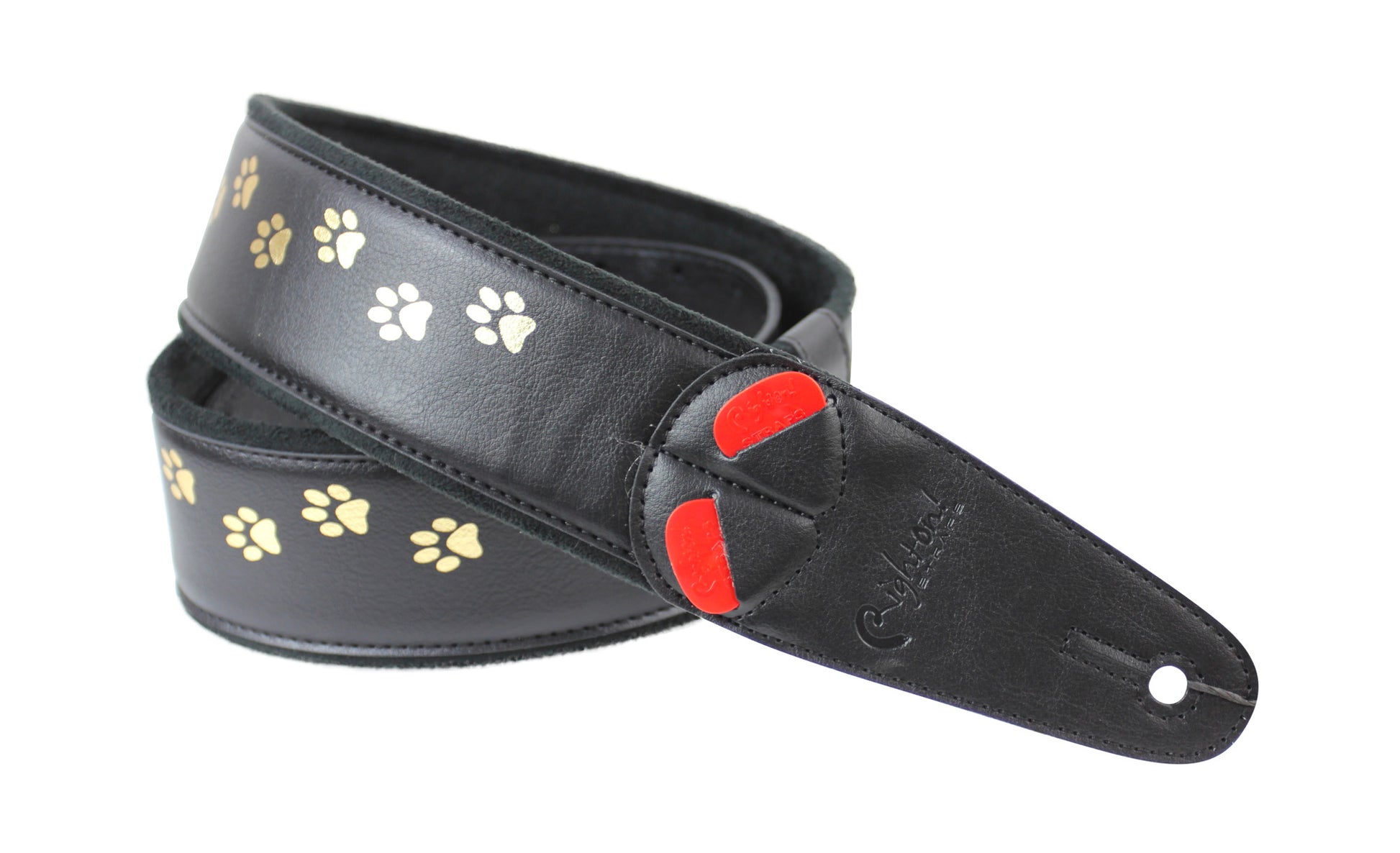 Courroie modèle CAT, extérieur synthétique, largeur 6 cm, longueur 100 à 145 cm, porte-médiators intégré, noir et doré