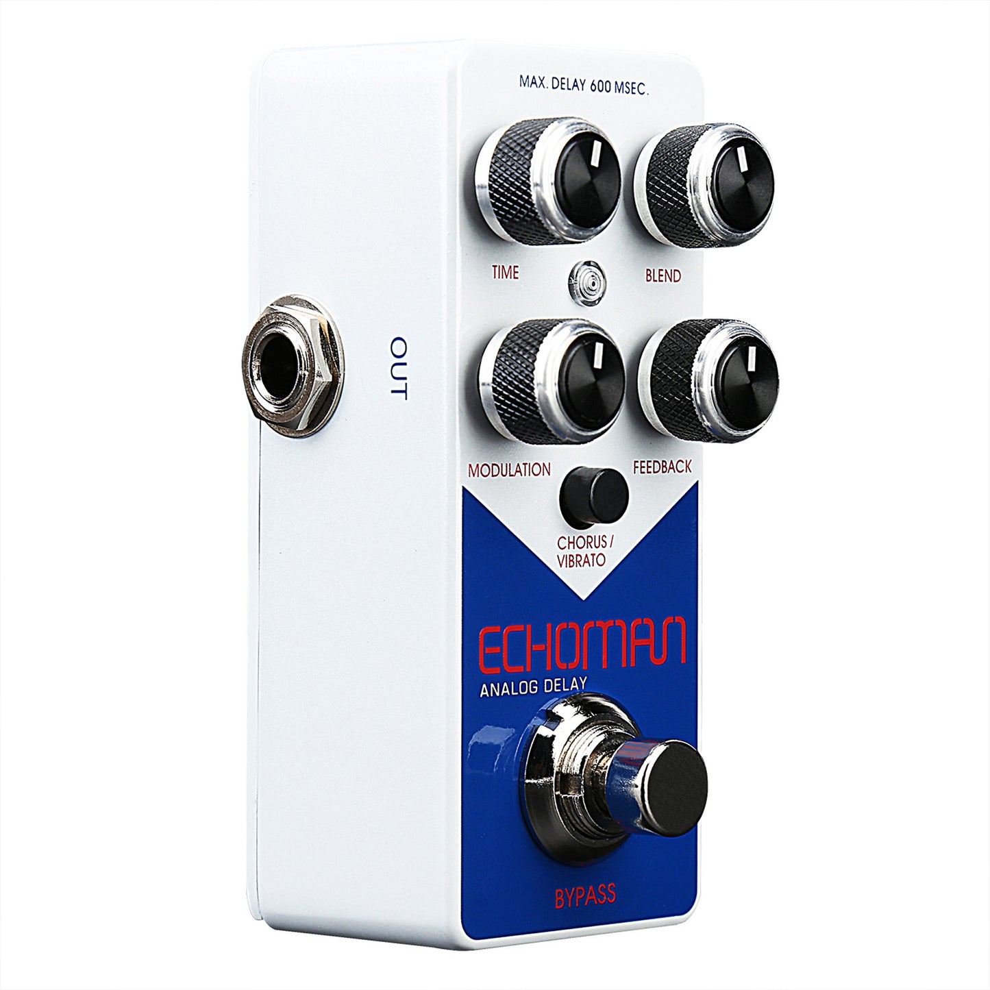 Pédale d'effet ECHOMAN, délai type analogique (jusqu'à 600 ms), modulation (CHORUS/VIBRATO), buffered bypass, blanc et bleu