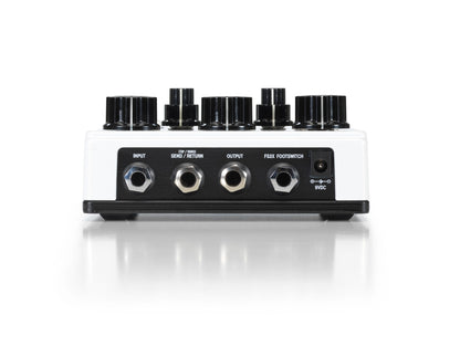 Pédale RUBBERNECK, délai analogique, jusqu'à 1500 ms de retard, fonction Tap Tempo, modulation du temps de délai, blanc et bleu