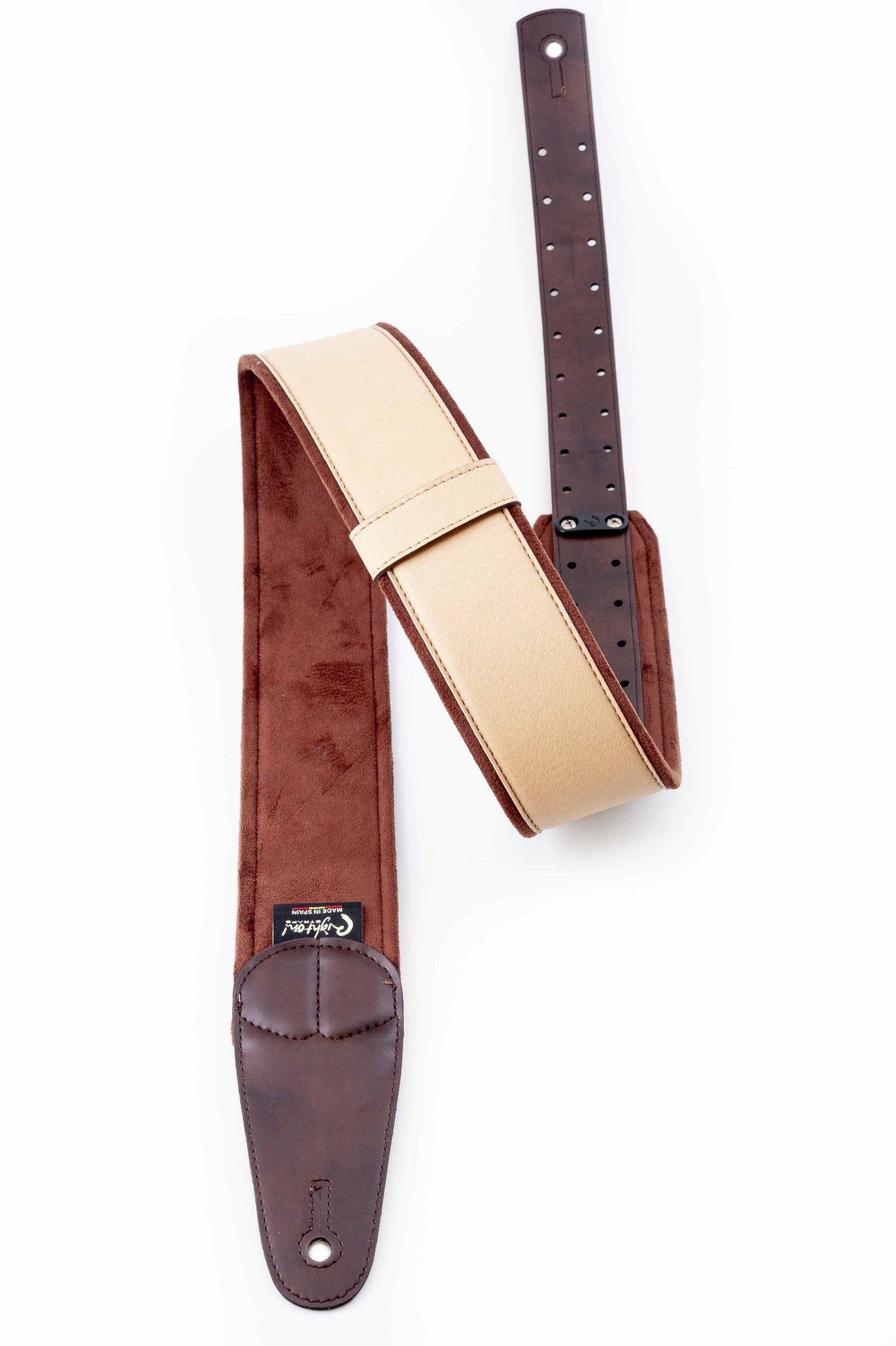 Courroie modèle CHARM, extérieur synthétique, largeur 6 cm, longueur 100 à 145 cm, porte-médiators intégré, beige