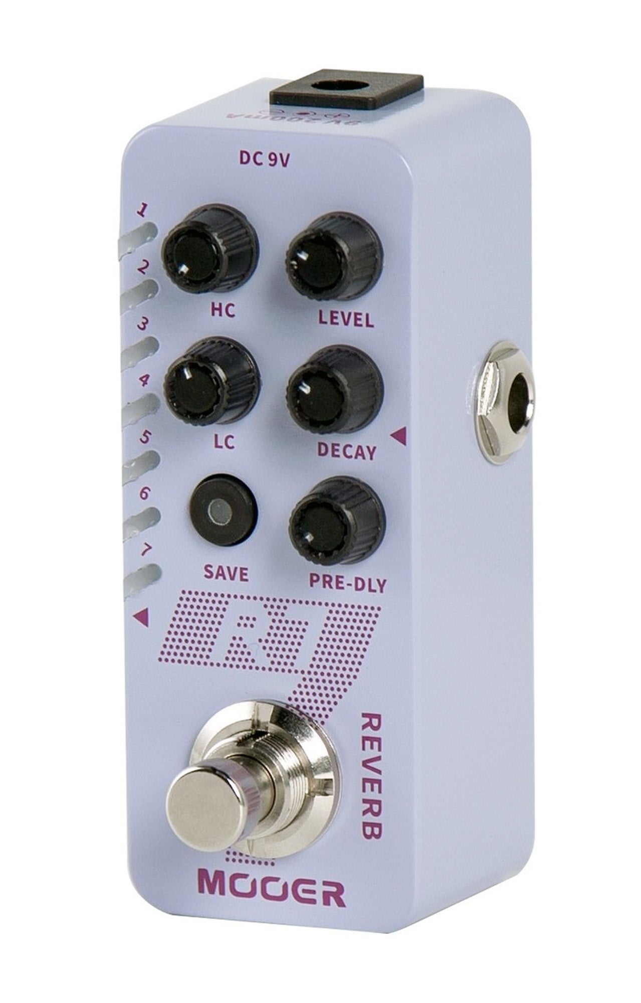 Pédale R7 REVERB, 7 types de réverbs numériques personnalisables, 7 presets utilisateurs, boîtier métal, blanc