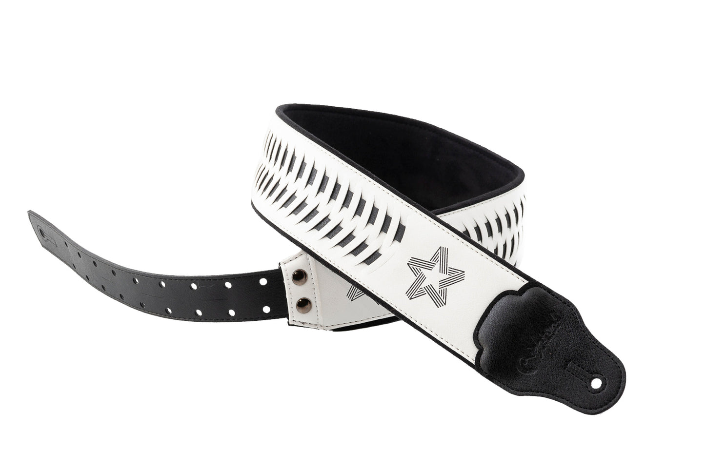 Courroie modèle PAUL TURNER SIGNATURE, extérieur synthétique, largeur 7 cm, longueur 95 à 150 cm, porte-médiators intégré, blanc