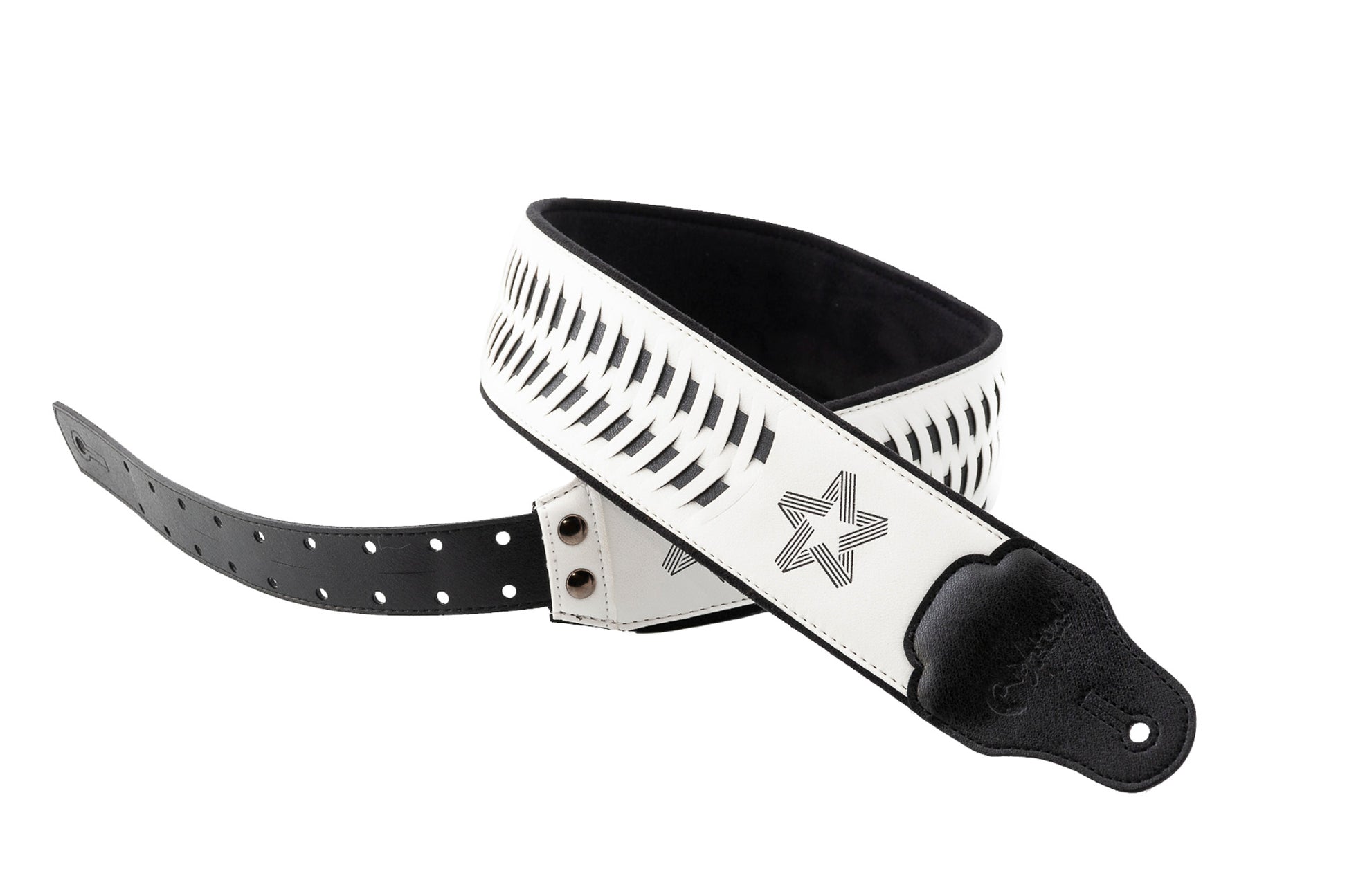 Courroie modèle PAUL TURNER SIGNATURE, extérieur synthétique, largeur 7 cm, longueur 95 à 150 cm, porte-médiators intégré, blanc